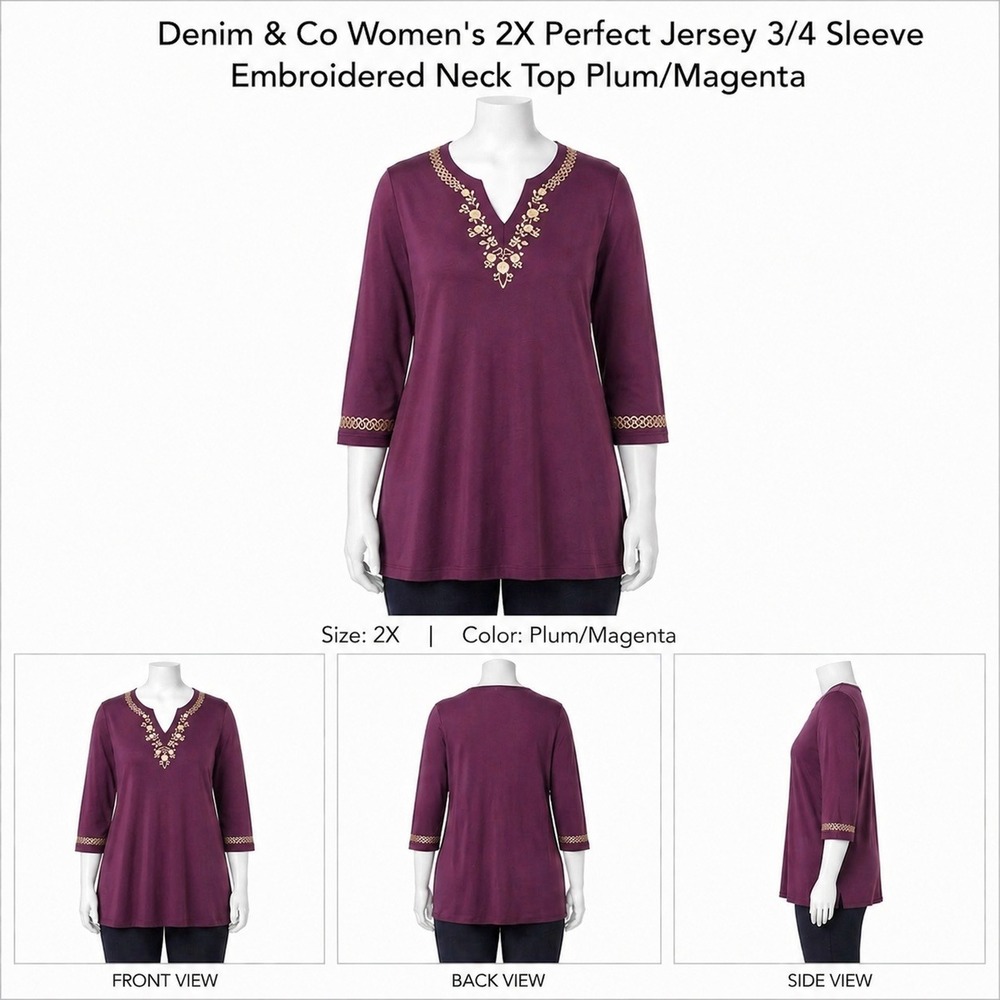Denim & Co Womens 2X Perfect Jersey 3/4 Sleeve Embroidered Neck Top Plum A226295